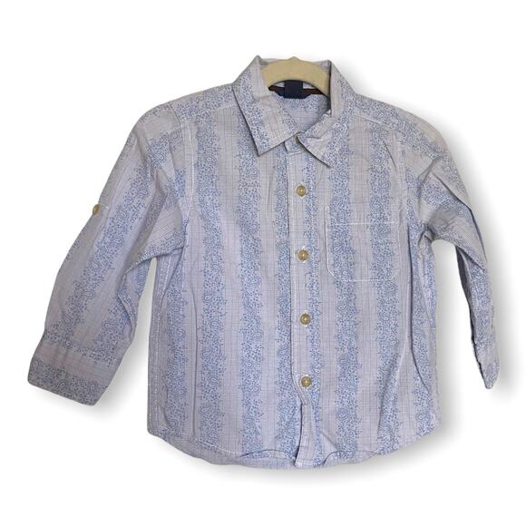 Gap‎ Boys Shirt Size 2 Globe Mapper Blue Paisley Roll Tab Sleeve Dress Button Up - Picture 2 of 5